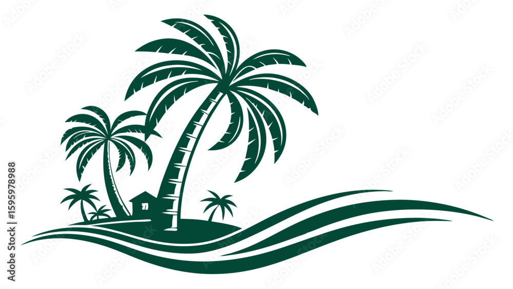 Fototapeta premium Tropical Island Scene with Palm Trees and Small House.