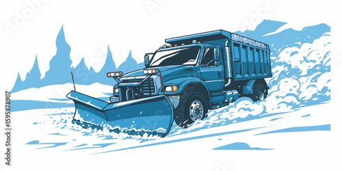 High-quality vector illustration of a snow plow truck clearing snow in a cold winter setting