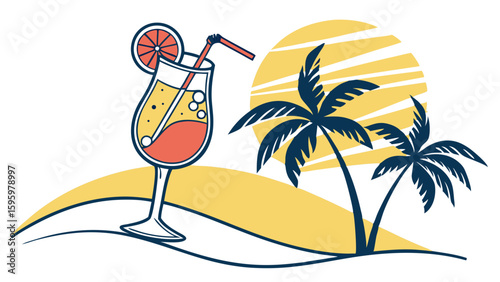 Tropical Sunset Cocktail with Palm Trees.