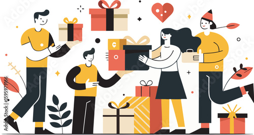 People exchanging gifts with festive decorations present