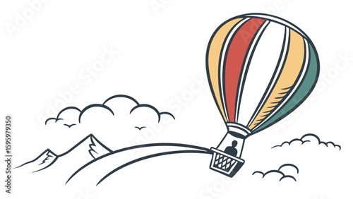 Vintage Hot Air Balloon Soaring Over Mountains and Clouds.