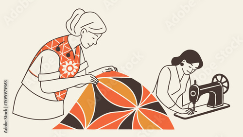 Two Women Working on Colorful Fabric with Sewing Machine.