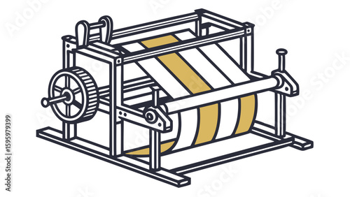 Vintage Textile Loom Illustration with Striped Fabric in Gold and White.
