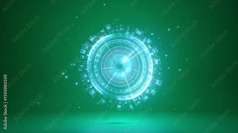 Abstract technology sphere rotating in green space with glowing particles and geometric shapes