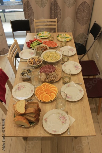 Table with food on holiday. Russia.