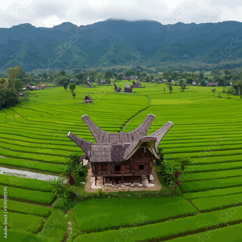 A traditional Indonesian Tongkonan house stands majestically amidst lush green rice terraces under an overcast sky, showcasing rural beauty.