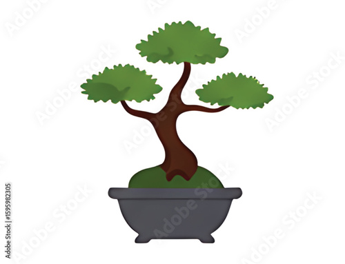 A stylized bonsai tree with a brown trunk and green foliage in a gray pot.