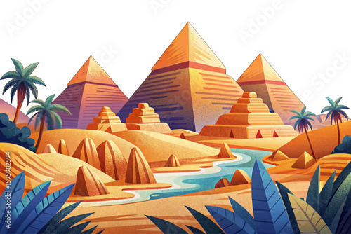 Flat vector illustration of Egyptian desert landscape with pyramids and Sphinx. Panoramic cartoon background, historical Egypt landmarks, ancient civilization, African nature, hot arid environment