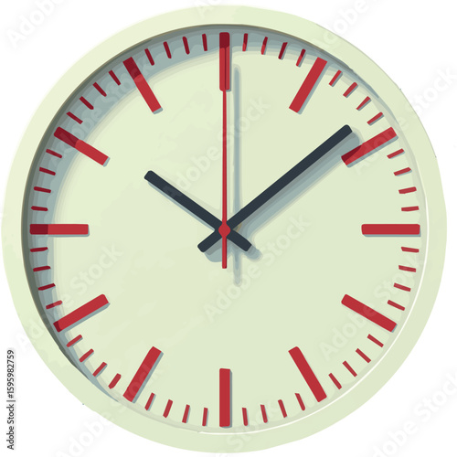 Clean and modern vector  analog wall clock time management timepiece round face hour minute second hand red markers style design 10 10