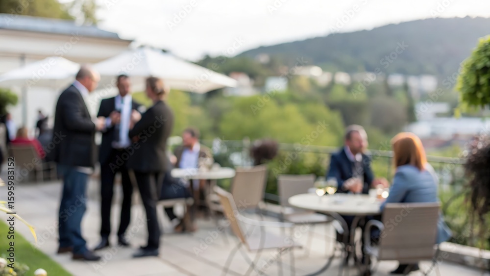 Blurred garden terrace with business guests exchanging ideas — relaxed corporate event vibe
Blurred garden terrace with business guests exchanging ideas — relaxed corporate event vibe