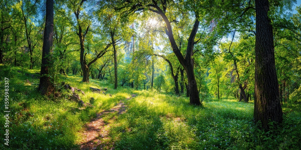 Obraz premium Sunny forest path through lush greenery