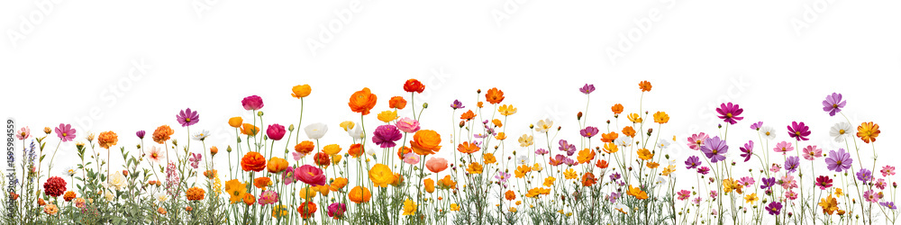 Obraz premium Wildflower Meadow Border: Colorful Flowers and Plants on White Background