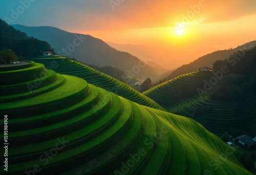 sunrise over rice fields
