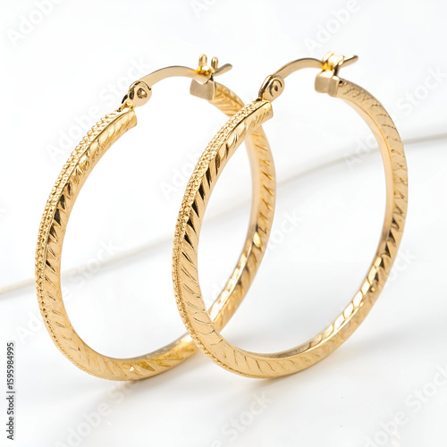 A pair of elegant gold hoop earrings, isolated on a white background.