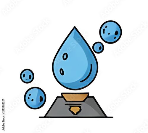 A stylized illustration of a water droplet atop a small, dark platform, surrounded by smaller bubbles.