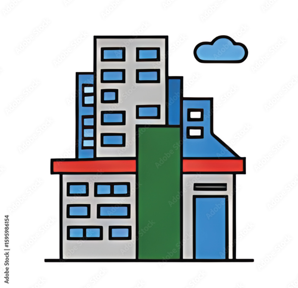 Fototapeta premium A stylized illustration of city buildings, featuring apartment blocks and a smaller commercial structure.
