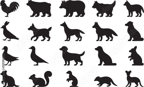 Collection of animal silhouettes rooster bear