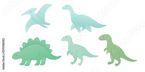 A collection of cartoon dinosaurs in various poses. Includes a T-Rex, Brachiosaurus, Stegosaurus, Triceratops, and Pterodactyl. Simple line art style. Vector illustration