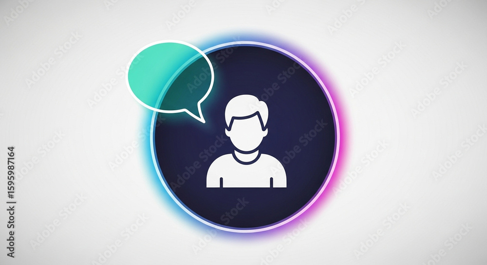 Illustration of a person with a speech bubble inside an oval shape with glowing neon edges isolated on white background Illustration of a person with a speech bubble inside an oval shape with glowing neon edges isolated on white background