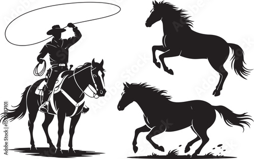 Cowboy lassoing horse with galloping and rearing horses rodeo western