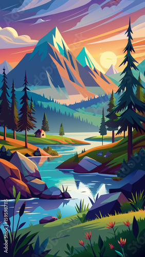 Vibrant mountain landscape with a winding river and pine trees at sunset