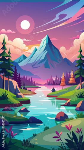 Vibrant mountain landscape with a winding river and colorful sunset sky