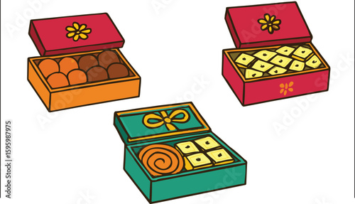Sweets in Decorative Gift Boxes – Vector Set of Mithai Packaging for Festivals and Gifting