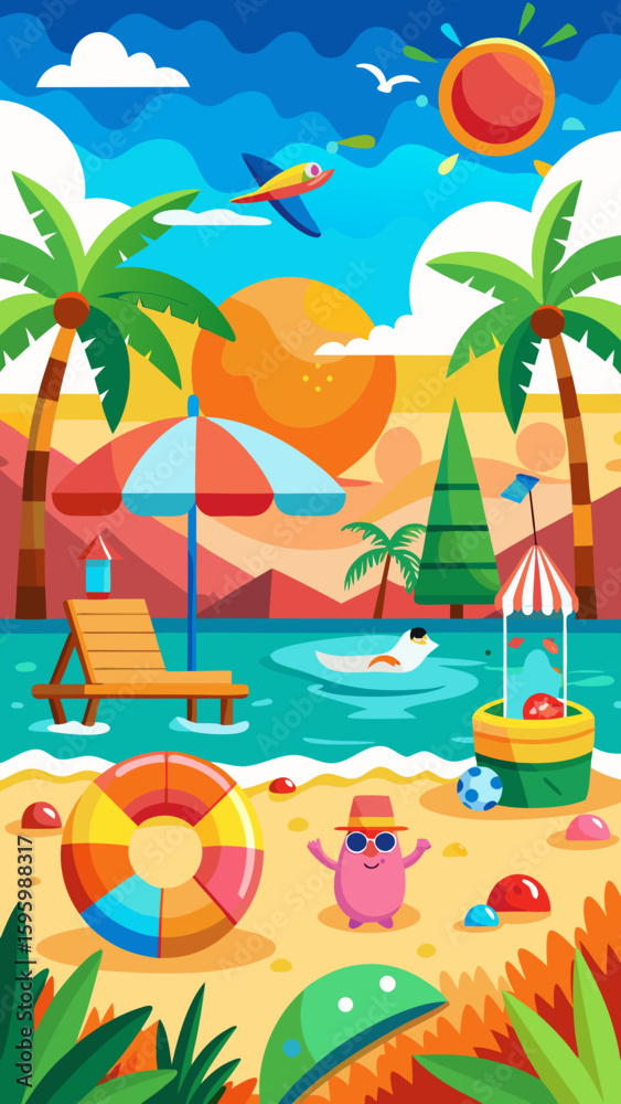 Obraz premium Vibrant cartoon illustration of a tropical beach scene with palm trees sun ocean and playful characters