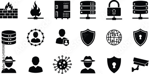 Comprehensive Data Security and Cyber Protection Icons Set: Featuring Firewalls, Servers, Locks, Users, and Surveillance for Digital Safety.