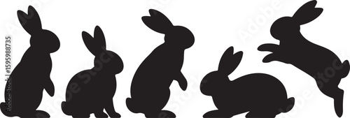 Five black bunny silhouettes in various poses rabbit white