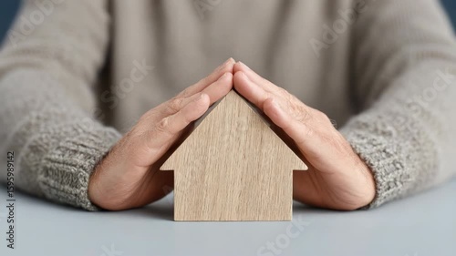 Wooden house model held by hands for protection and care safety