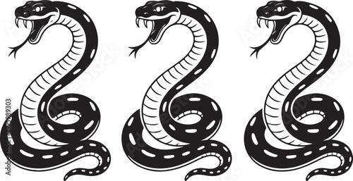 Three black snakes with open mouths and forked tongues serpent reptile