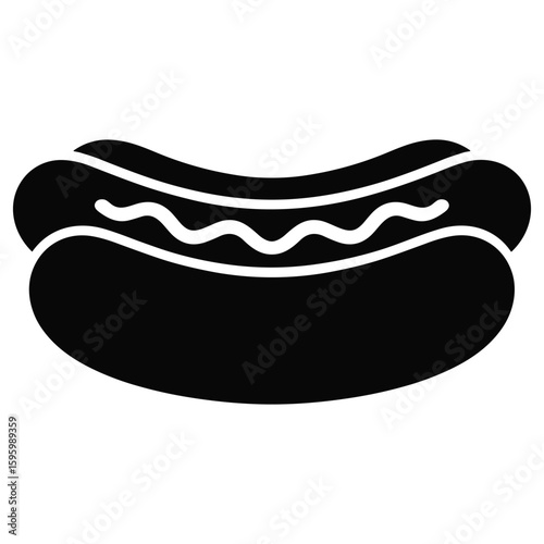 Simple black silhouette of a hot dog in a bun with mustard