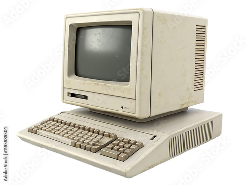 A vintage computer with a monitor and keyboard in a beige color scheme on a black background view