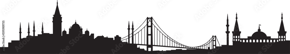 Fototapeta premium Black silhouette skyline of Istanbul with Bosphorus Bridge and minarets Turkey