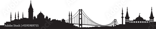 Black silhouette skyline of Istanbul with Bosphorus Bridge and minarets Turkey