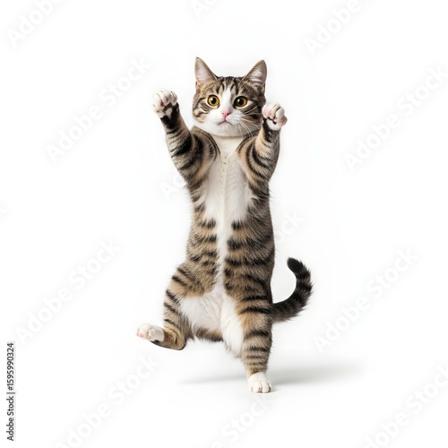 Playful tabby cat standing on hind legs, paws outstretched, against a white background.