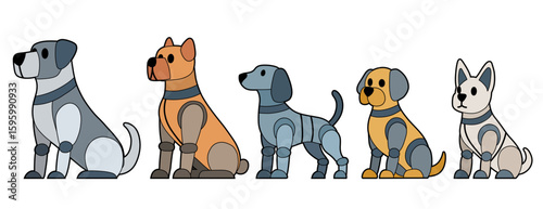 Vector set of contour mechanical dogs various breed. Collection of contour robot puppies. Terrier, dachshund, shepherd and bulldog. Animals of the future for cards and stickers
