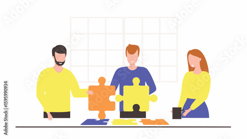 Team of colleagues solving a jigsaw puzzle together in an office environment showing collaboration