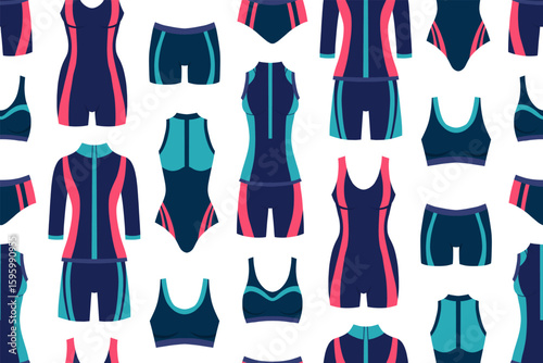 Vector seamless pattern with sports women swimsuits. Texture with sports wetsuits for swimming pools, cycling competitions and gymnastics. Background for wallpaper and fabric