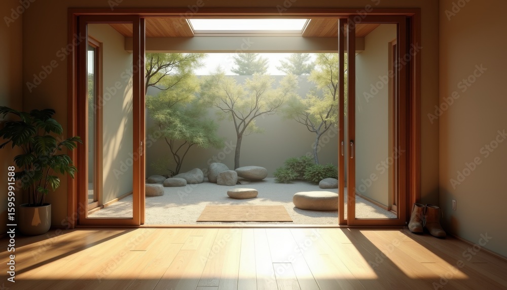 Fototapeta premium Beautiful modern room with sliding doors revealing a peaceful indoor courtyard garden