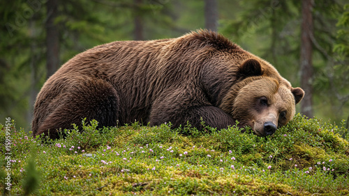 Wallpaper Mural a bear, its thick fur seamlessly transitioning into a dense, green mossy landscape with tiny flowers Torontodigital.ca