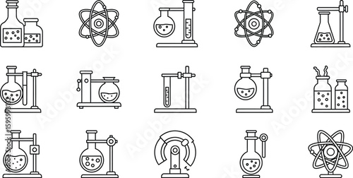 Vector art of various science and chemistry lab equipment icons are displayed, representing research, experimentation, and scientific study
