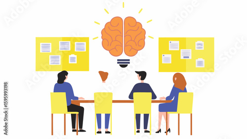 People at a table brainstorming with a brain lightbulb and yellow boards with documents on the wall