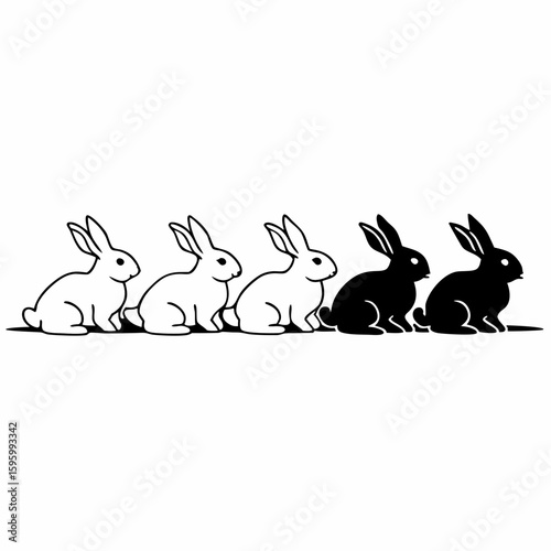 Five rabbits in a row with three white and two black bunnies sitting side by side on a white background