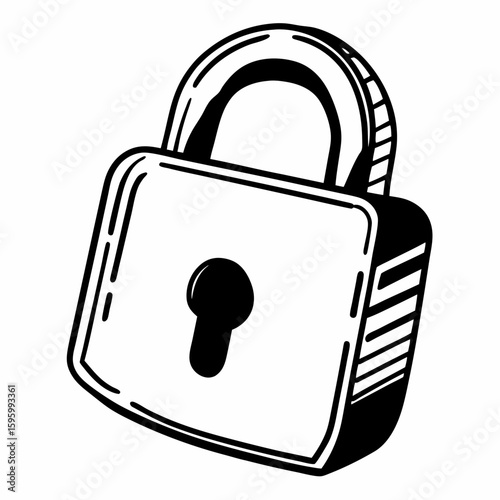 A simple black and white drawing of a metal padlock with a keyhole and a thick shackle lock design