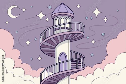 Vector art of a whimsical lighthouse spirals towards the starry sky, guiding dreamers and adventurers