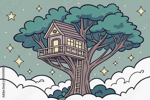 Vector art of a charming treehouse nestled in the branches offers a dreamy daytime escape