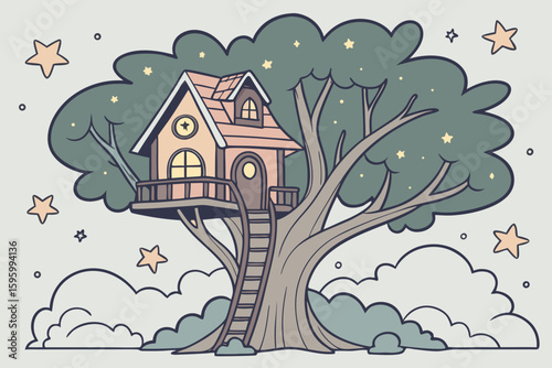 Vector art of a whimsical treehouse amidst the stars and clouds invites daytime adventures
