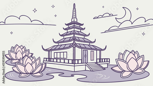 Vector art of a serene pagoda surrounded by lotus flowers is bathed in the moonlight